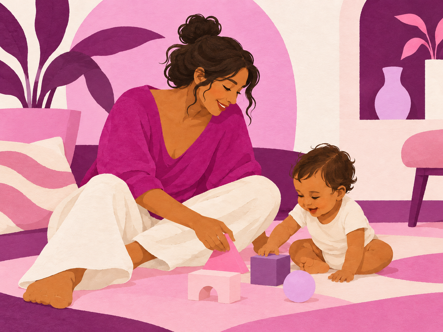 Playful illustration of a mother and baby sharing an everyday moment